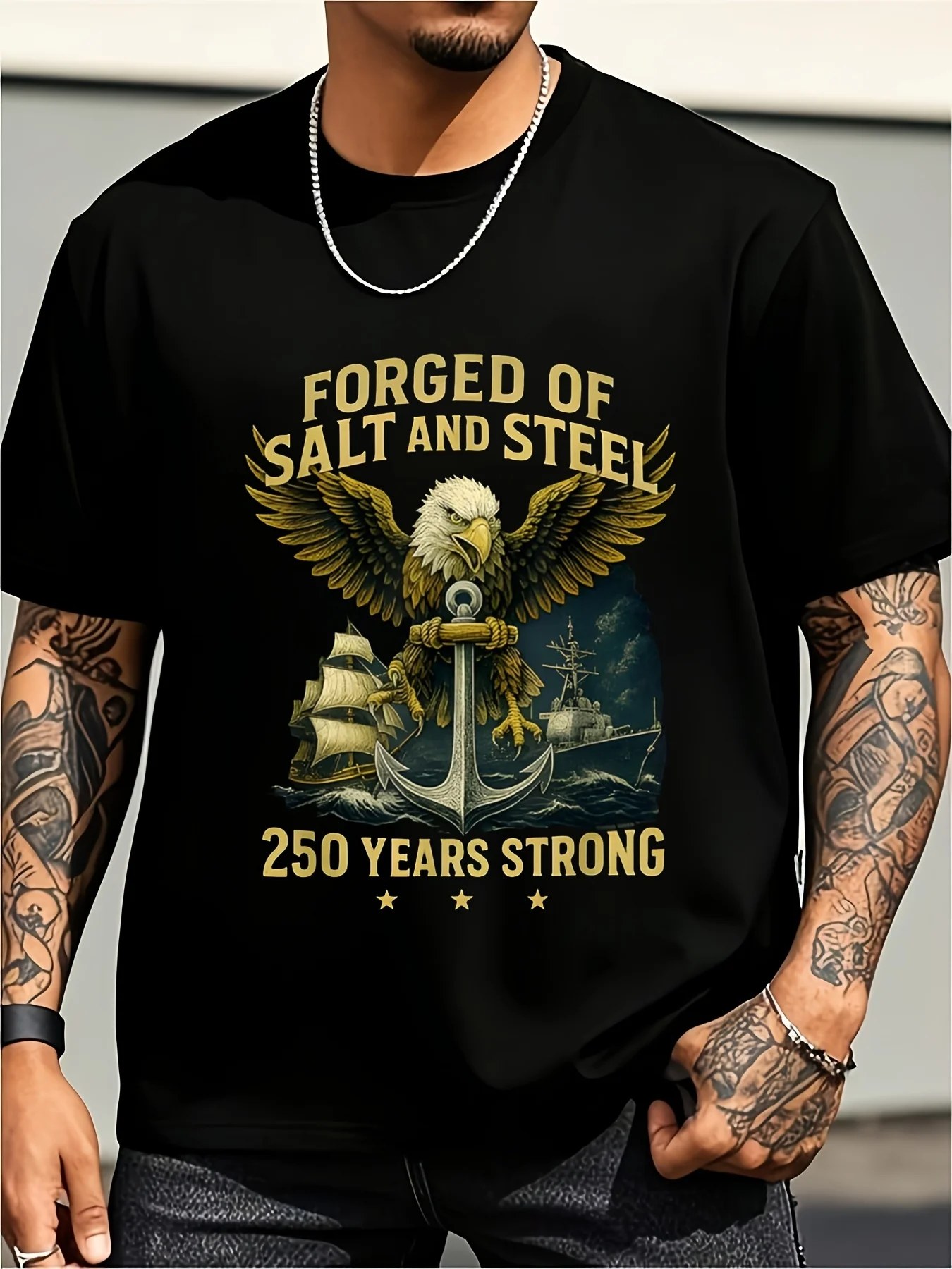 Patriotic Navy Eagle Anchor T-Shirt, Forged from Salt and Steel, 250 Years of Durability, Men's Printed T-Shirt, Vintage Military Nautical Veteran Apparel, Large Size Vintage Casual Round-Neck Printed T-Shirt, Unisex, Plus Size