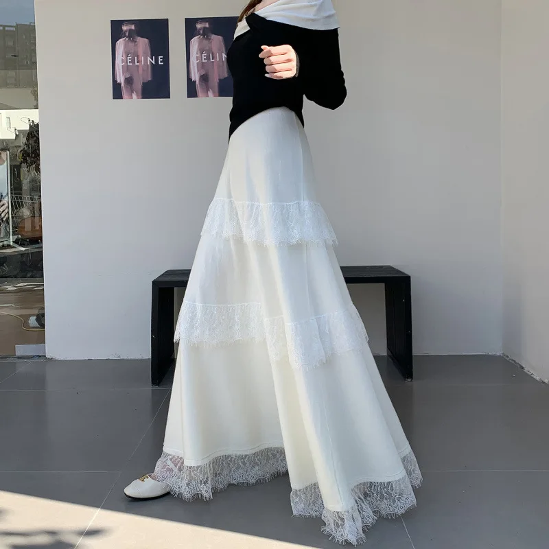 

Кружевные лоскутные трикотажные юбки для женщин, осенний тренд, эластичная юбка трапециевидной формы с высокой талией, женские повседневные универсальные юбки для поездок на работу