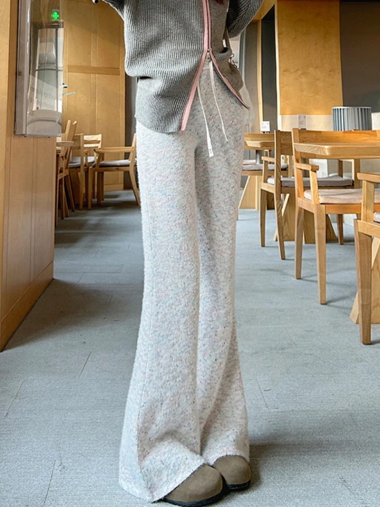 Candy colored and thickened woolen knitted micro flared pants women in autumn and winter sweet and loose wide legs pants