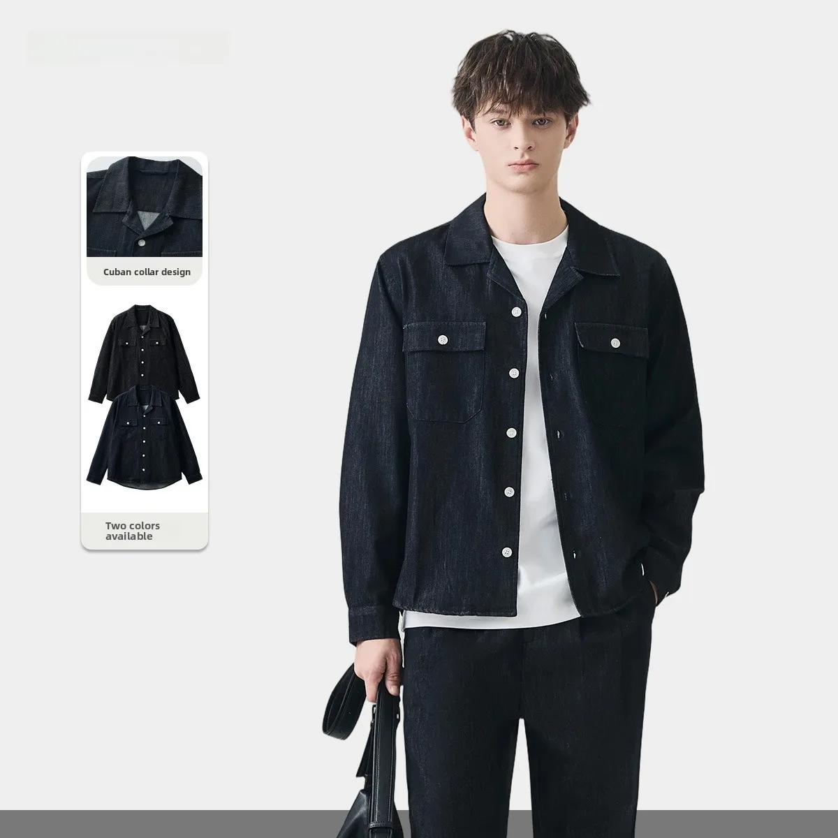 

Мужская джинсовая рубашка с длинным рукавом и кубинским воротником, свободного кроя, для многослойных образов, повседневная, в уличном стиле, незаменимая вещь для весеннего сезона