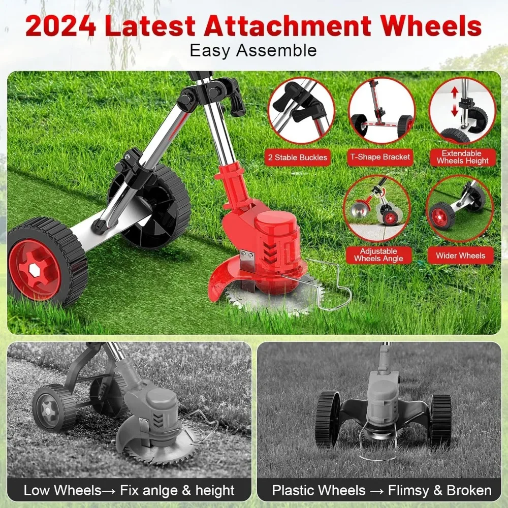 Electric Weed Wacker On Wheels Cordless Weed Eater Battery Powered, 21V 2000mAh Electric String Trimmer with Battery and Charger