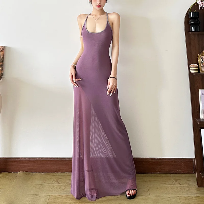 Zomer 2025, Dames Kant Off-shoulder Slim Fit Lang Dr Doorzichtig splitsontwerp Grensoverschrijdend Sle Gebreid polyester Dr