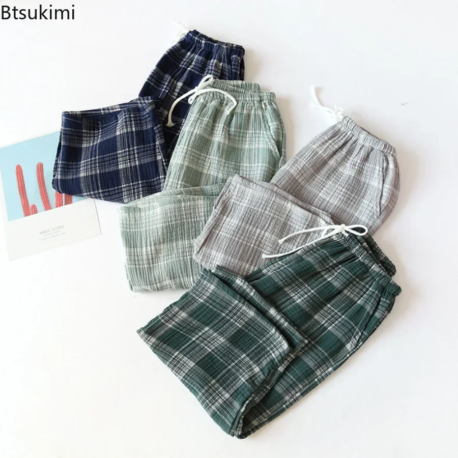 2024 Men\'s Casual Plaid Shorts Pants Pajamas Cotton Gauze Sleepwear Pijamas Men Bathrobe Nightwear Soft Home Pants for Summer