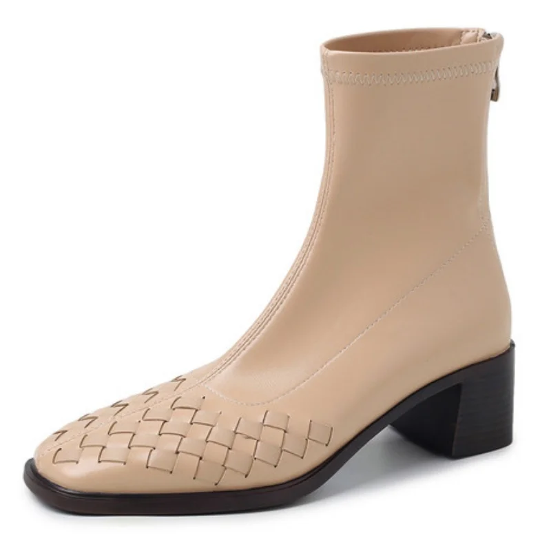 

Новый тканый дизайн, женские ботильоны с квадратным носком, женские короткие ботинки на молнии на грубом каблуке, высококачественные уличные женские эластичные ботинки