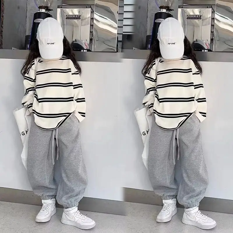 Spring Outfit Set for Girls Korean Style Striped Sweatshirt Casual Long Sleeve Two-Piece Set Trendy Middle And Large Children...