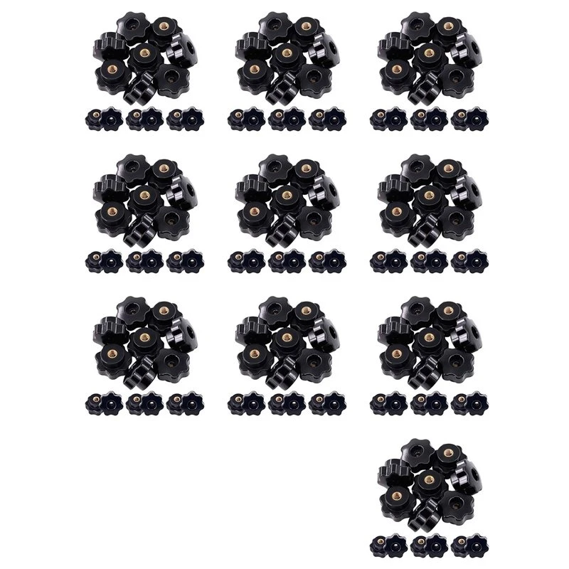 150Pcs M6 Star Knob Clamping Handle Nut Through Hole Set Brass Female Threaded Handle Screw On Knob Grip Black Plastic