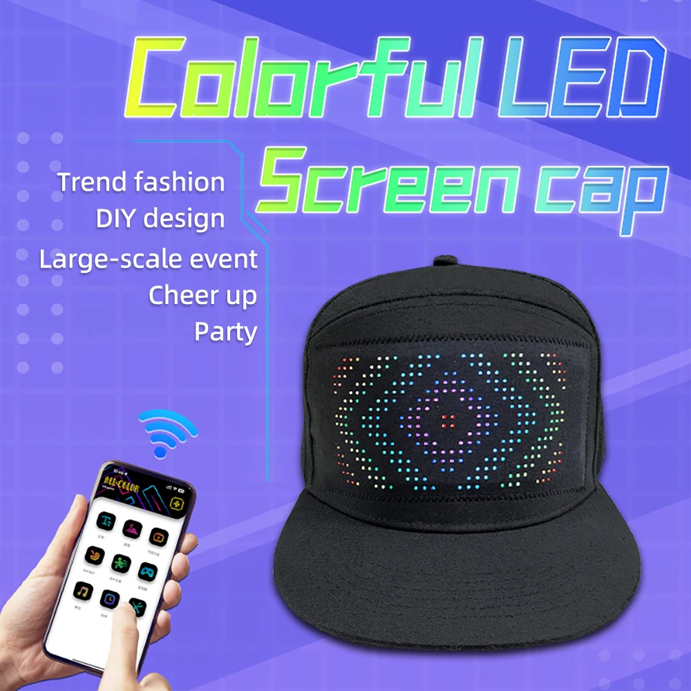 LED Hat Light Display Screen DIY Smart Pixel Matrix Baseball Hat Rechargeable Bluetooth APP Control Hip Hop Street Party Decor