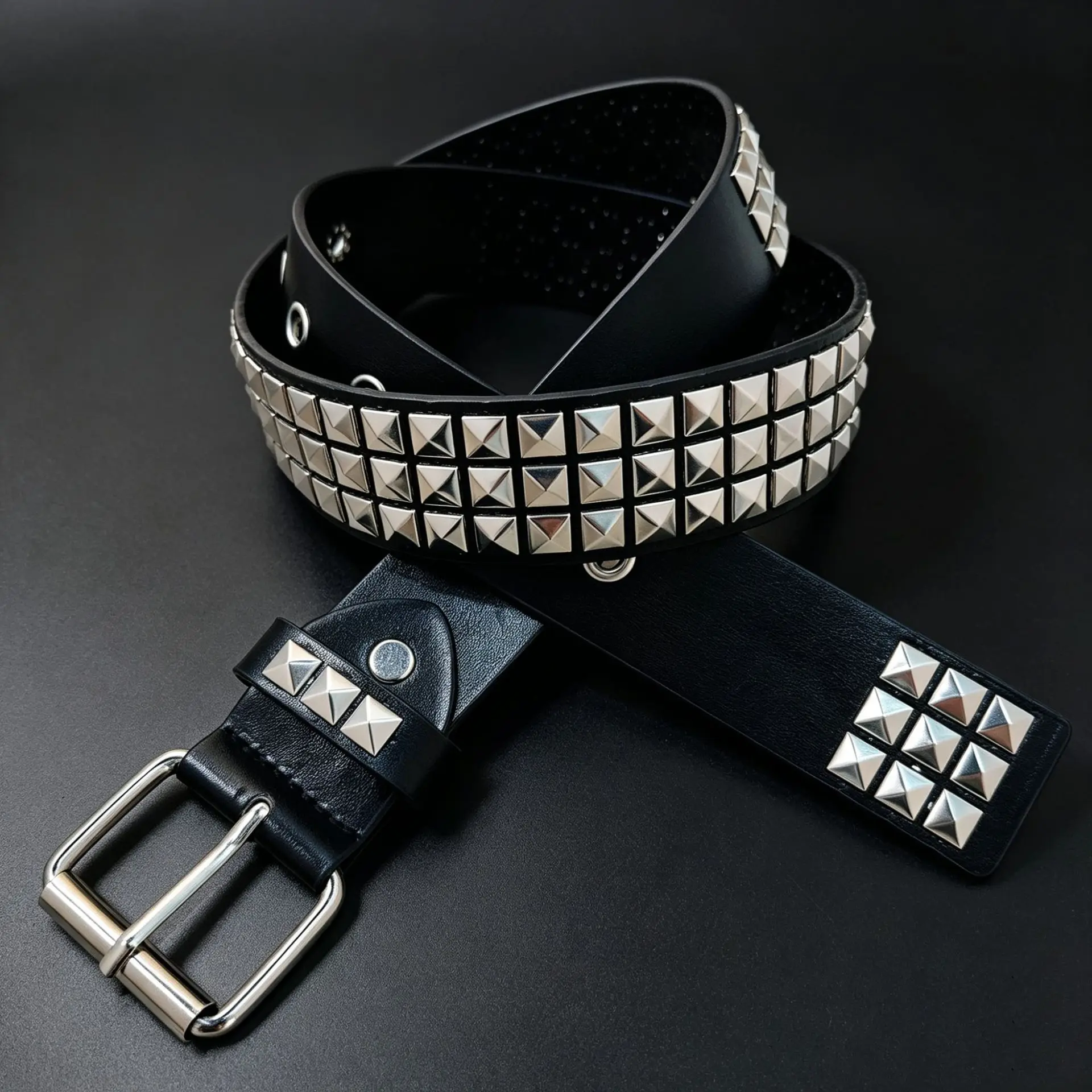New vintage-style belt with square beads and rivets, metal pyramid-shaped belt. Unisex punk-style belt with five-bull design, s