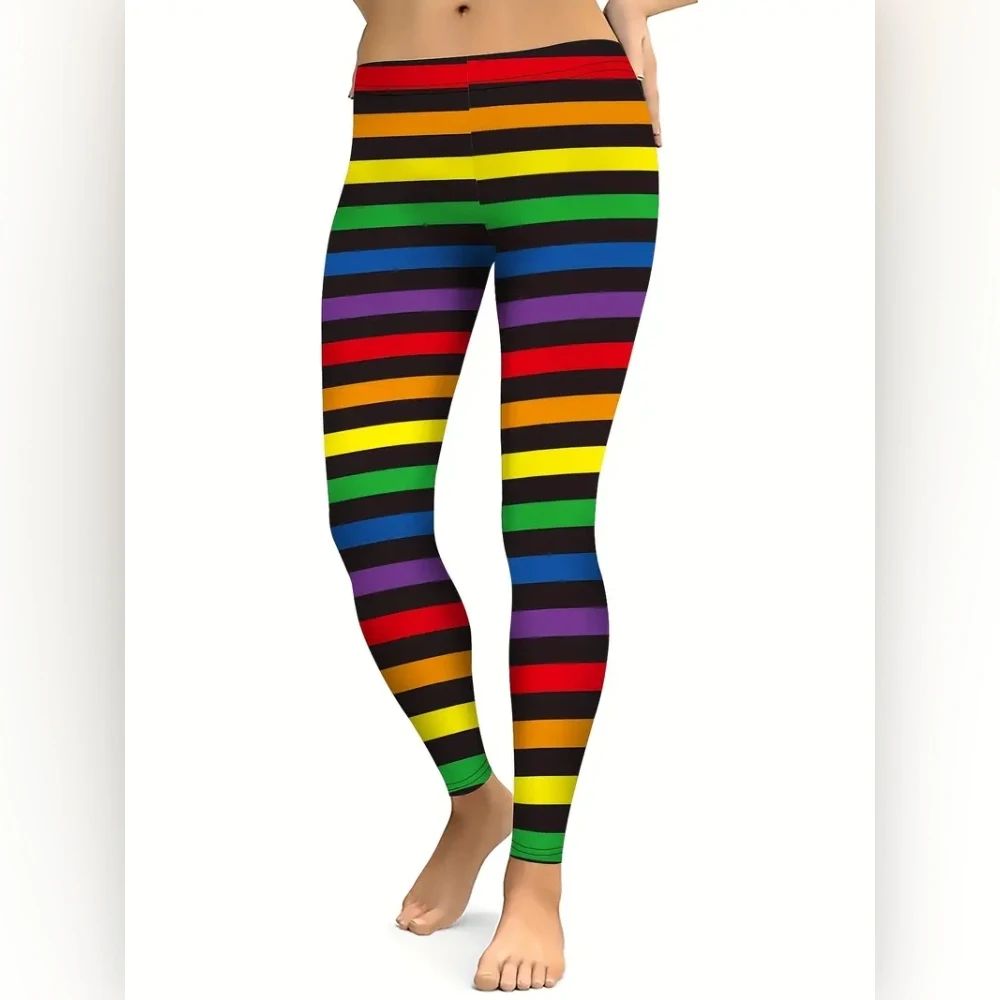 Striped note print stretch slim elastic waist casual leggings for women