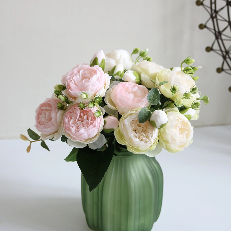 Künstliche Blumen Pfingstrosenstrauß Seidenrosenvase für Heimdekoration Garten Hochzeit Dekorative Kunstpflanzen Valentinstag Girlandenmaterial – Detail 6