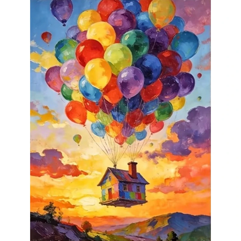 DIY Colorful Balloon Flying House Diamond Painting,Dreamy Sunset Sky Landscape Art For Living Room Wall Decoration Handmade Gift