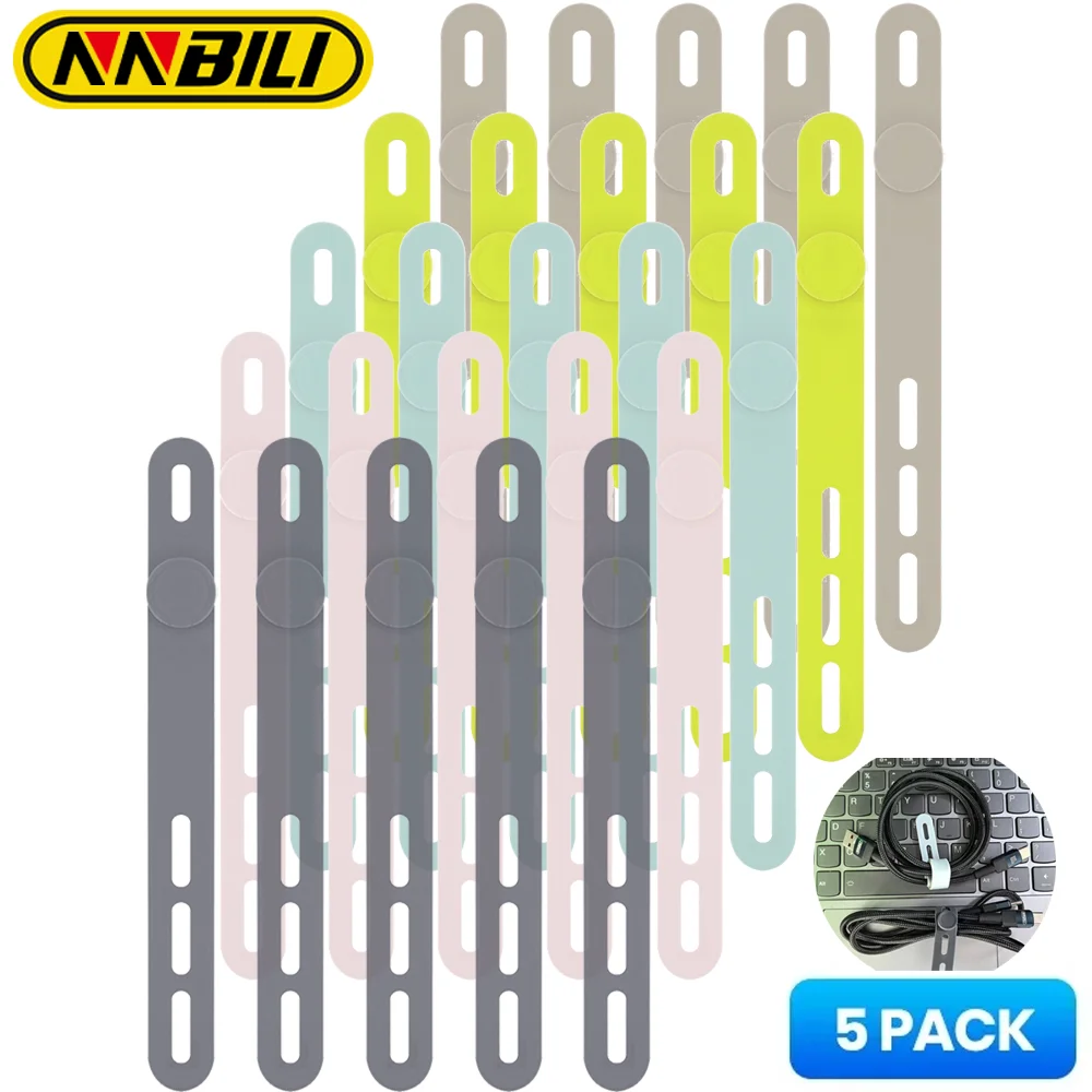 NNBILI New 5Pcs Silicone Cable Ties Assorted Color Reusable Heavy Duty Cable Organizer Management for Fastening Cords and Wires