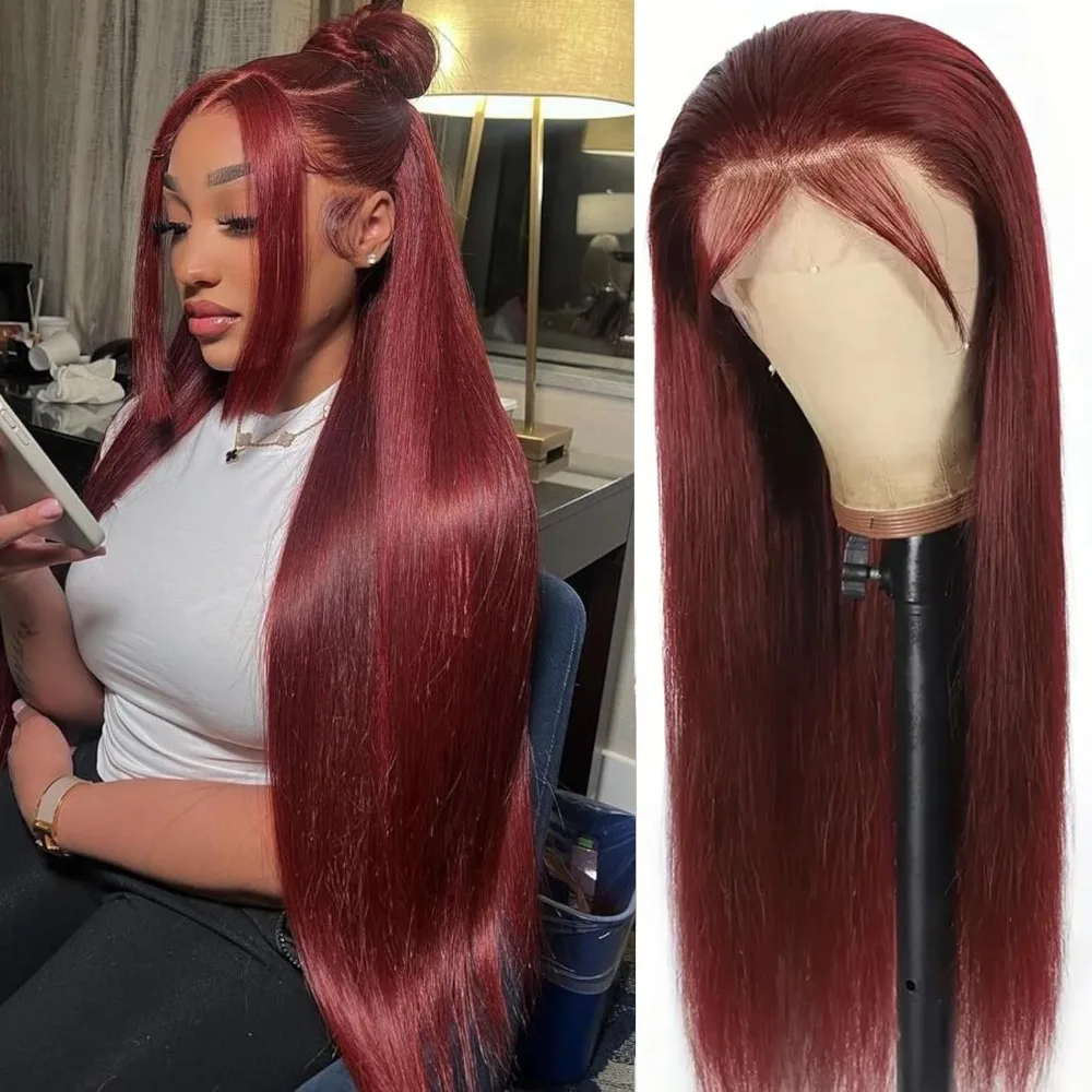 

Бордовый парик из натуральных волос 13x4 HD Lace Frontal, прямой, красный, 99J, 200% плотность, с кружевной передней частью 13x4