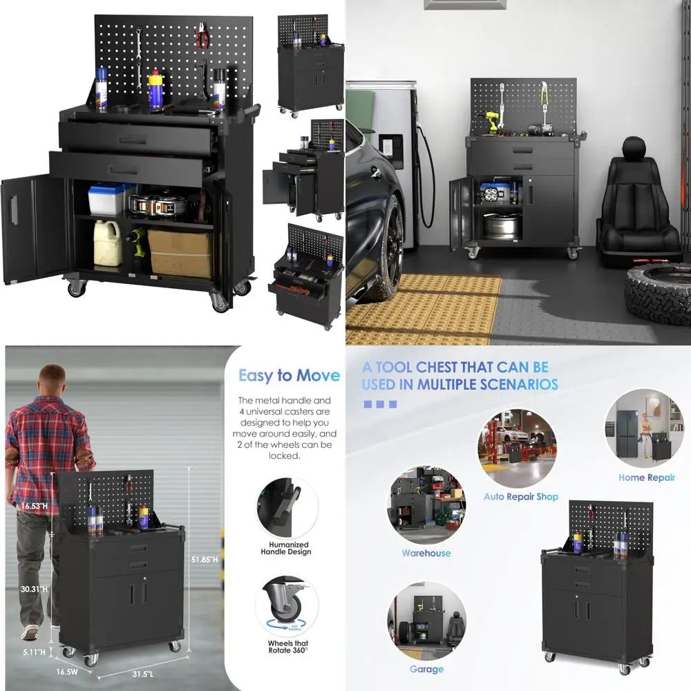 

Metal Rolling Tool Cart with 2 Drawers, Lockable Garage Storage Cabinet, Pegboard Wall Organizer with Hooks for Workshop Efficie