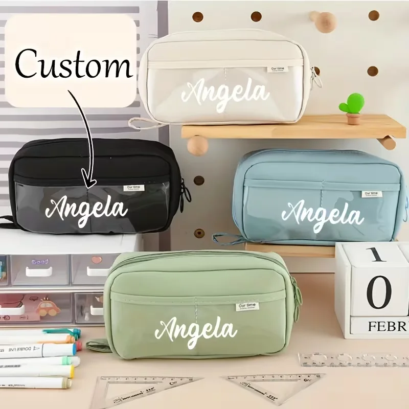 1pc personalized custom large-capacity pencil case, customizable with name, pattern, or text - durable PVC stationery storage bag, transparent zipper design, portable storage box, perfect gift for the back-to-school season, high-quality zipper closure