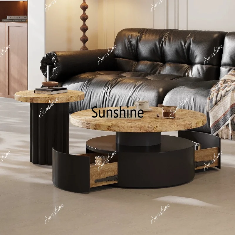 Medieval style coffee table small apartment living room household solid wood round coffee table