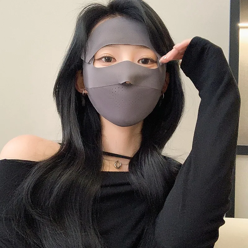 

Summer sun protection womens face mask,eye corner and forehead protection integrated ice silk breathable sun shading riding mask