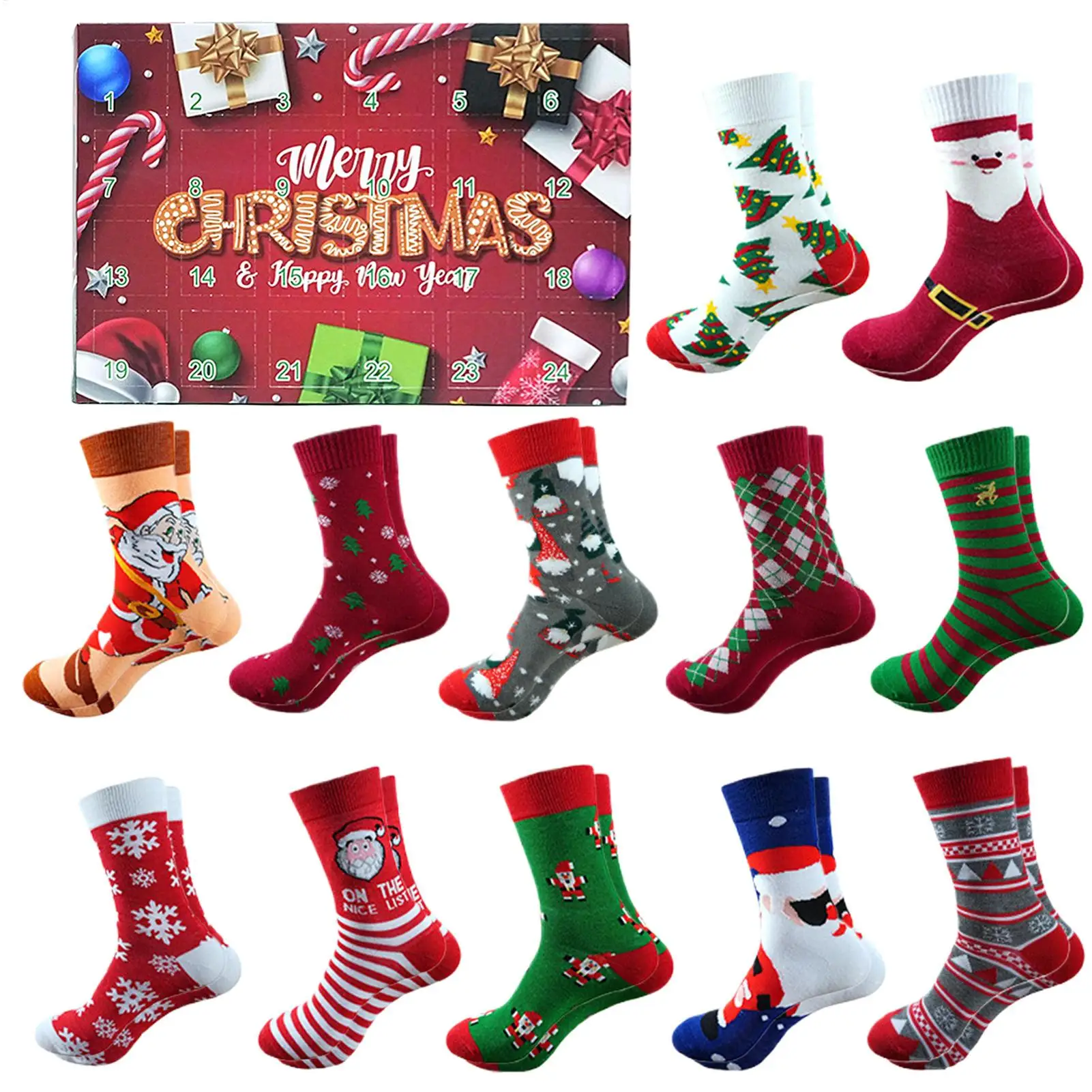 Socken Adventskalender 12 Paar Weihnachtssocken 24 Tage Adventskalender Socken Weihnachtskalendersocken Kuschelsocken für Erwachsene
