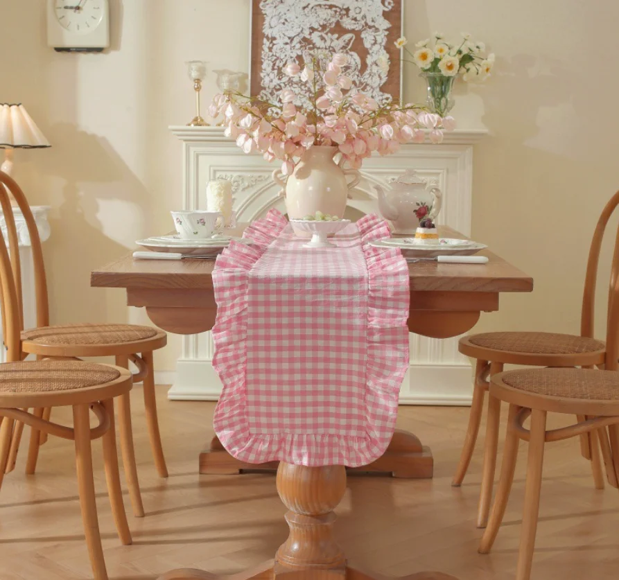 Pink Gingham Ruffle Table Runner Cotton Checkered Table Runner with Ruffled Edge for Dining Room Kitchen Party Home Decor
