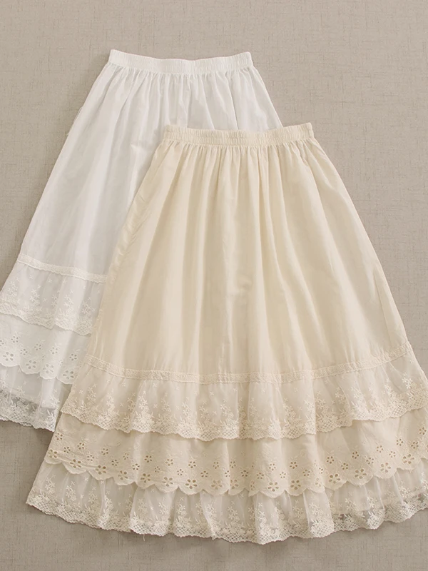 

Retro Double Layer Lined Lace Trim Linen f Skirt Women Spring Summer Drapy Flared A-Line Midi Skirt High Waist Cotton Gauze
