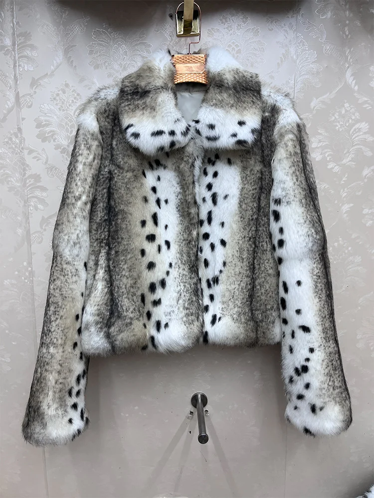 New Warm Women's Real Natural Rabbit Fur Coat Luxury High Quality Leopard Print Fur Coat Thick Outerwear Long Sleeves Jackets