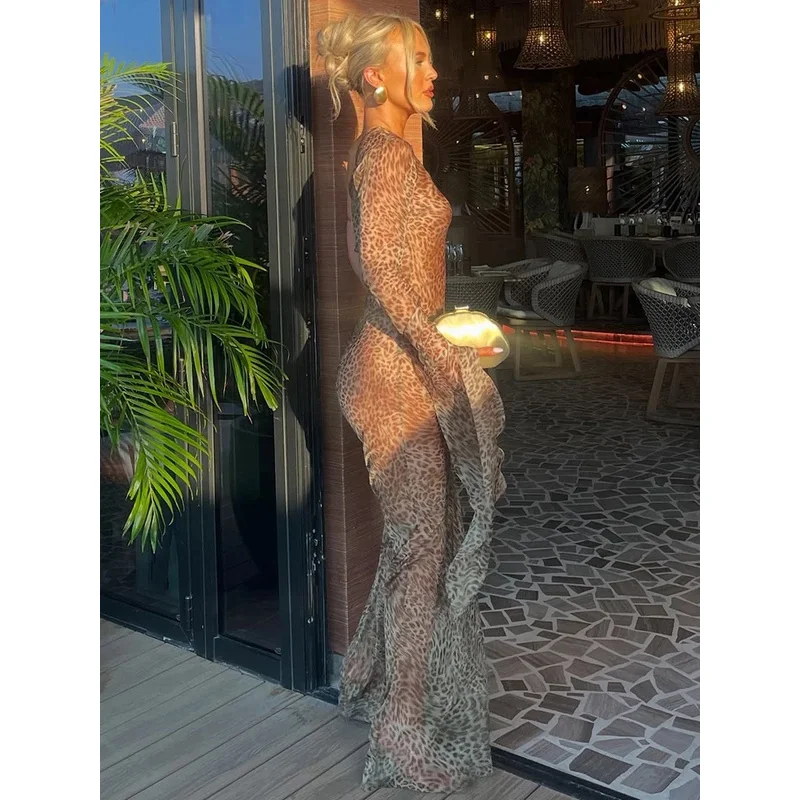 فستان ماكسي بكتف واحد بطبعة الفهد للنساء بكتف مائل بدون ظهر لقضاء عطلة الشاطئ والنوادي فستان طويل مثير