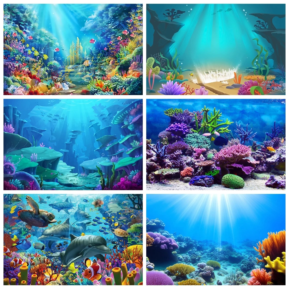 Underwater World Seabed Backdrop Ocean Undersea Fish Coral Blue Water Sunlight Aquarium Decor Birthday Photography Background