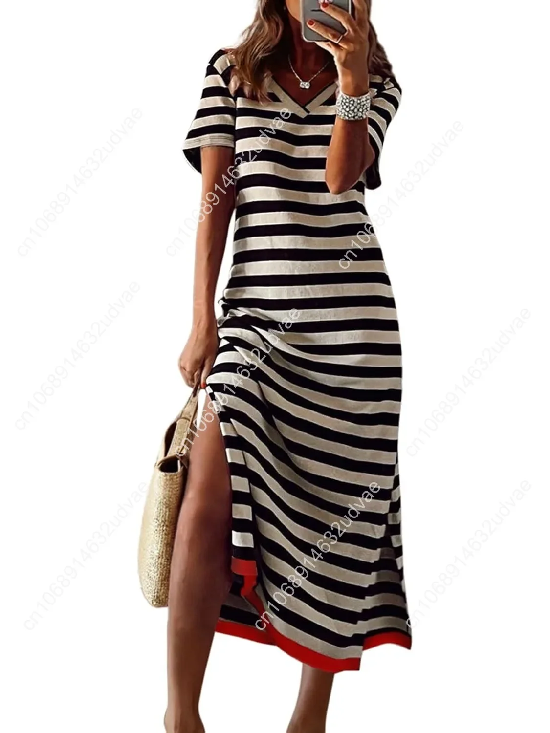 

Summer Casual Womens Fashion Short Sleeve Maxi T Shirt Dress Striped Long Color Block Maxi Dress