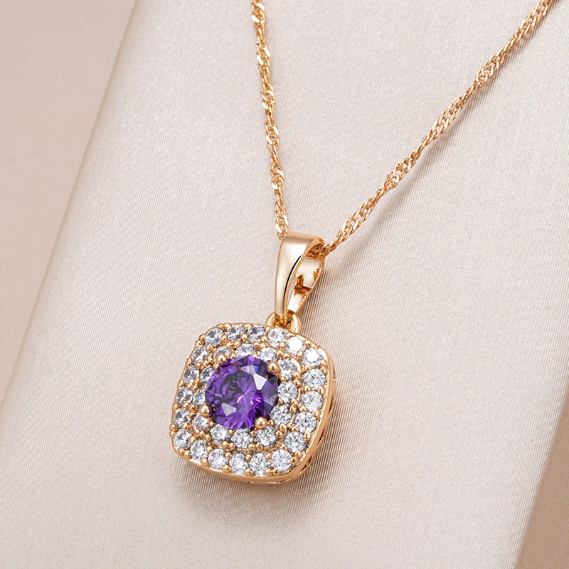 Kinel-Collier pendentif carré pour femme, bijoux vintage, or rose 585, document, cristal, violet brillant, naturel, chaud