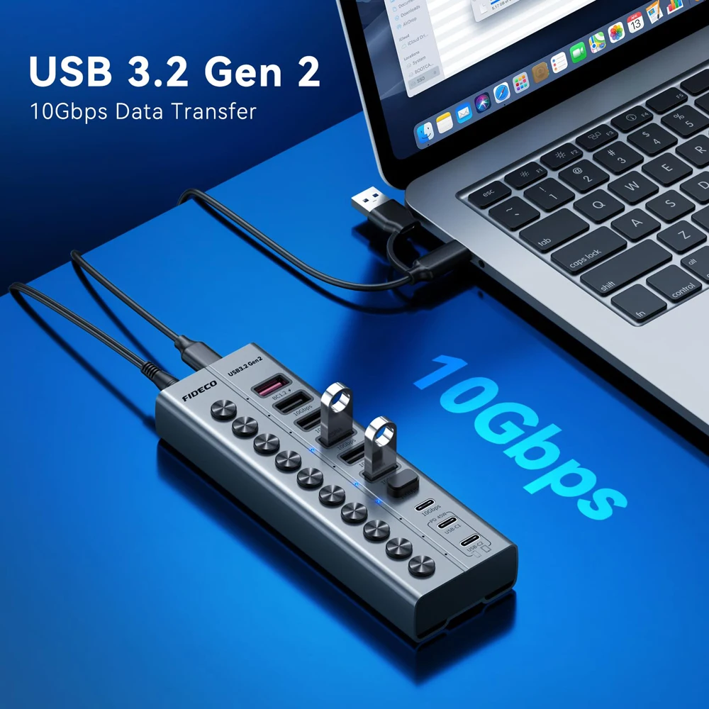 FIDECO 10 Ports USB3.2 10Gbps Hub Multiple Splitter PD45W Charging with Individual Switch USB Splitter High Speed Data Transfer