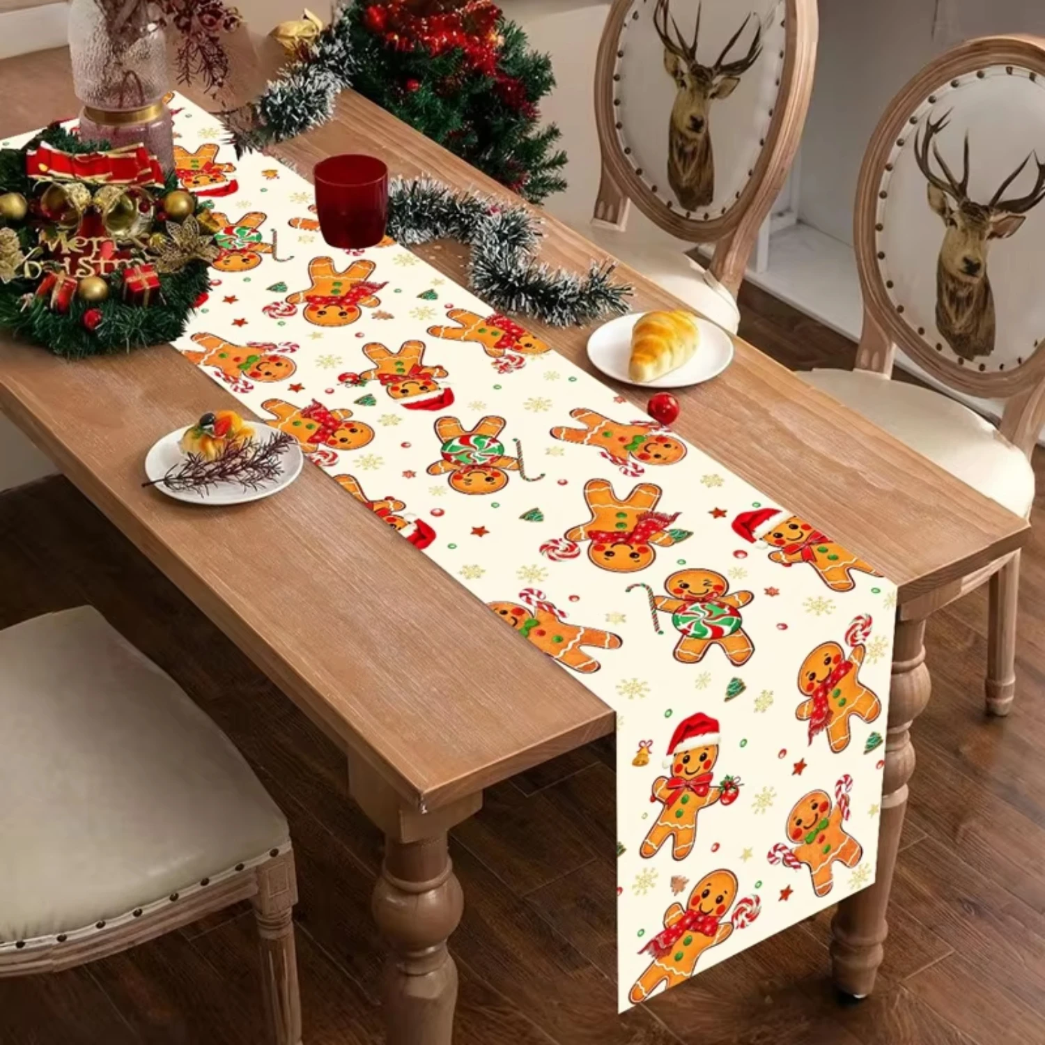 1pc Cute Christmas Gingerbread Man Print Table Runner For Xmas Holiday Dinner Party Family Banquet Household Tabletop Decoration