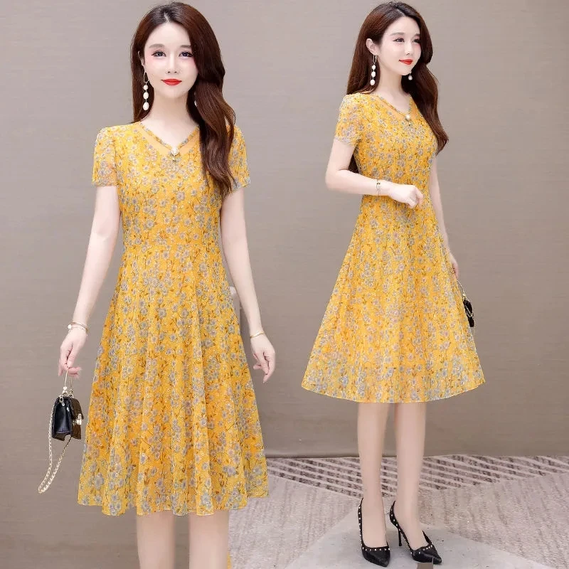 Summer Casual Beach Print Dress Women Fashion Short Sleeve Mid-Length A-Line Dresses Plus Size 5Xl 4Xl Elegant Vestidos De Mujer