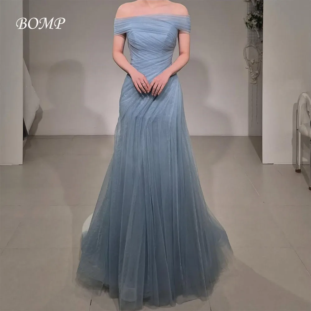 

BOMP Elegant Dusty Blue Wedding Dresses Strapless Off Shoulder Tulle Korea Photo Shoot Bridal Reception Gown Customized
