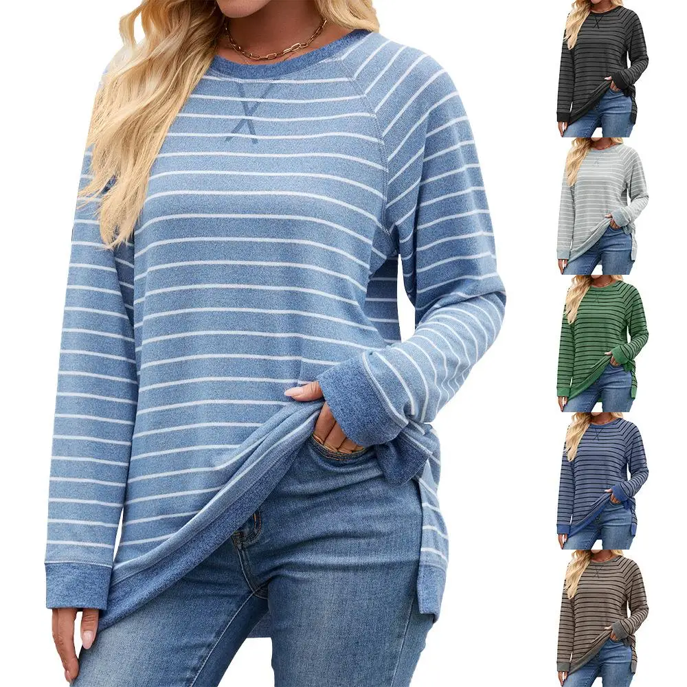 

Женская полосатая футболка Long Sve, свободная посадка из полиэстера, повседневная модная базовая осенняя коллекция, женская одежда