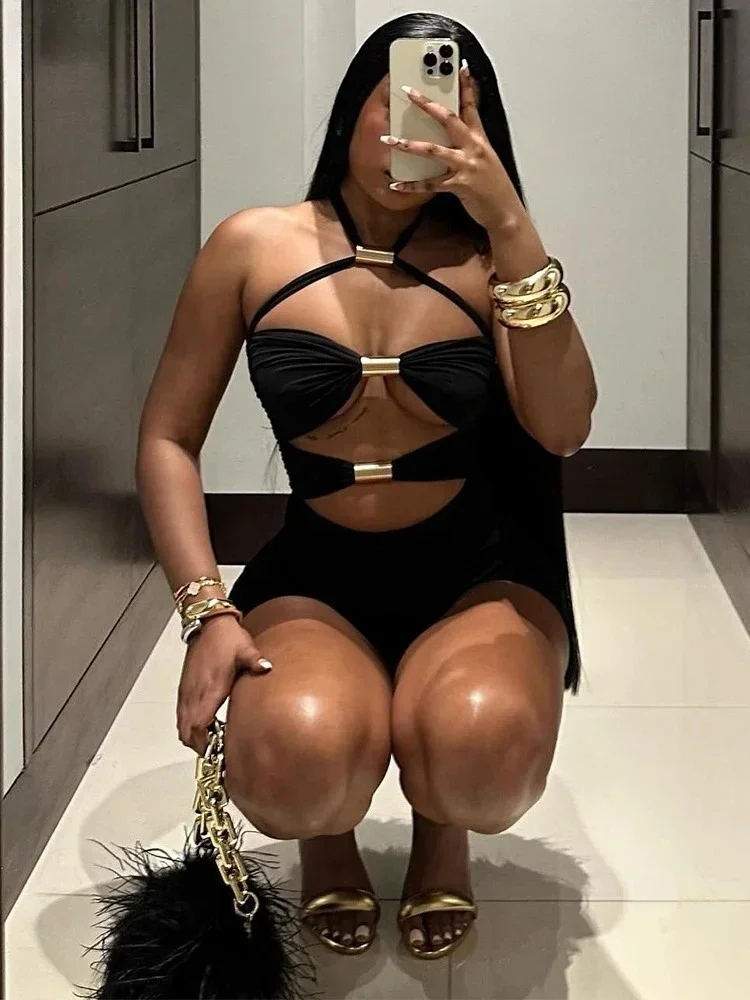 

Женские мини-комбинезоны Shirring: сексуальные клубные ромперы с вырезом халтер, бандажным эффектом и вырезами, однотонные, для вечеринок, привлекательная одежда для женщин