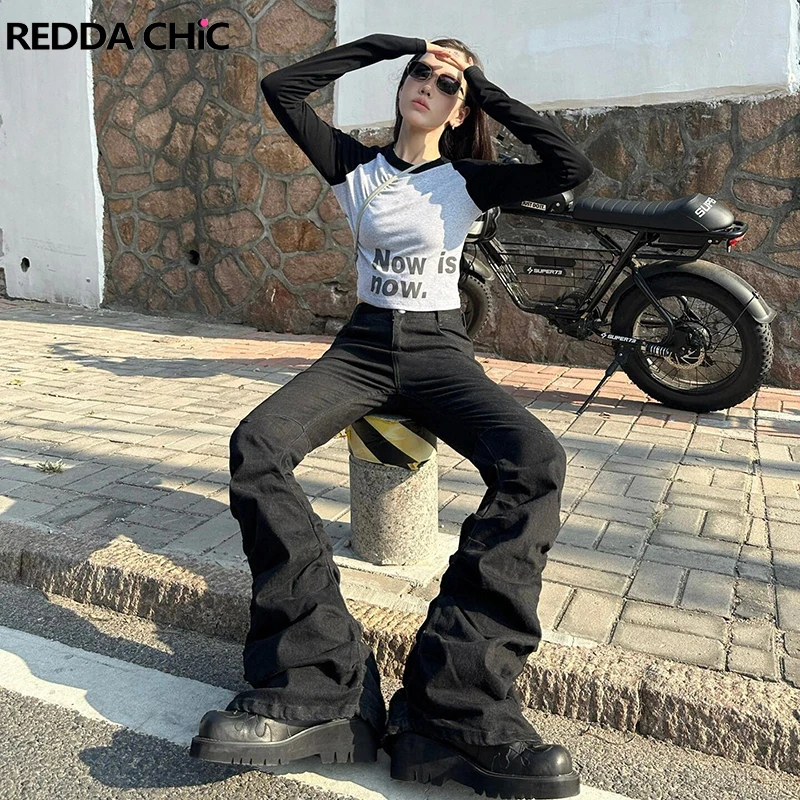 

Однотонные черные штаны ReddaChic в складку, джинсовые брюки, женские повседневные облегающие джинсы-клеш с рюшами, брюки с высокой талией, Корейская одежда Y2k