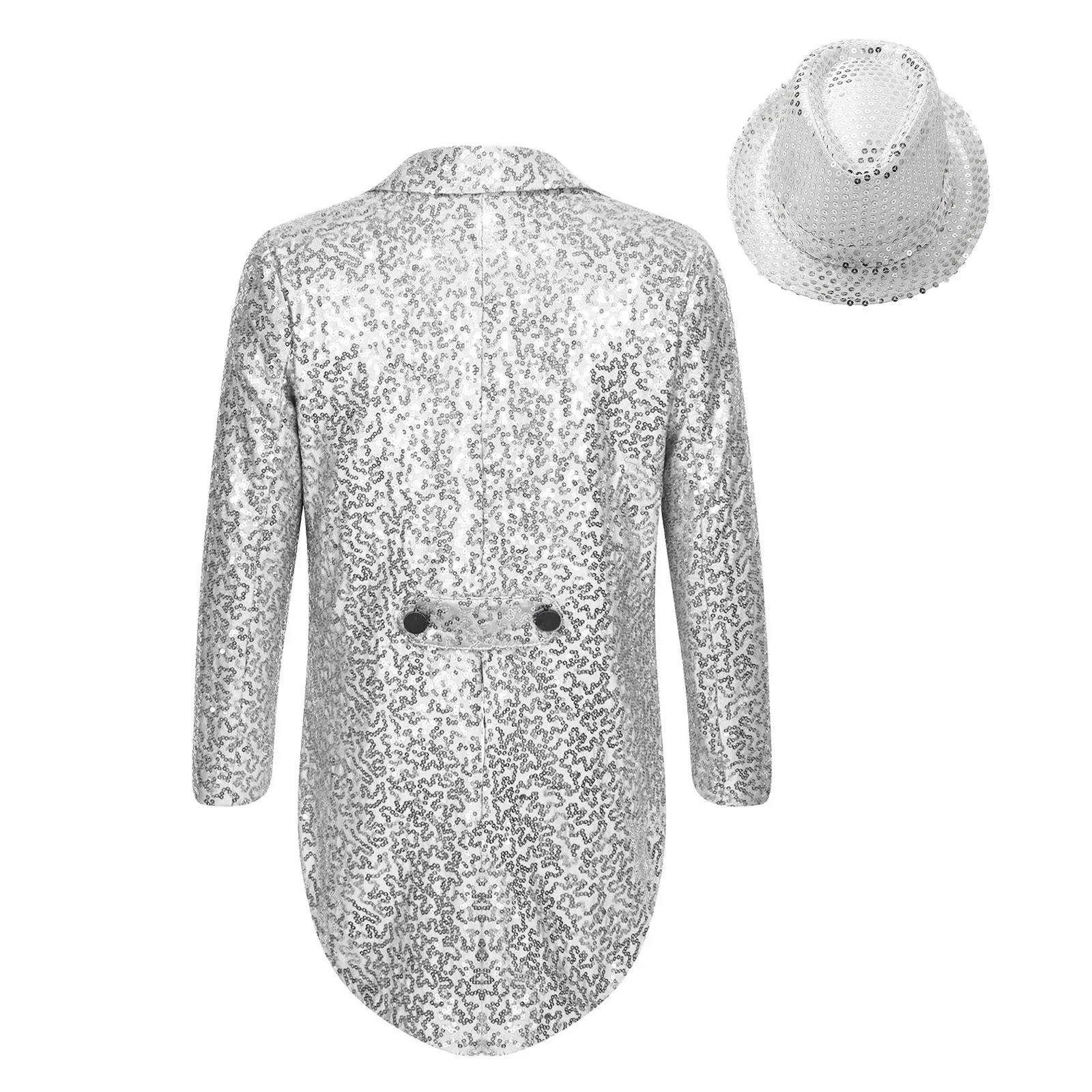 Teen Boys Long Sleeve Sequin Blazer Tailcoat with Hat Carnival Circus Magician Cosplay Costume Jazz Dance Performance Outfits