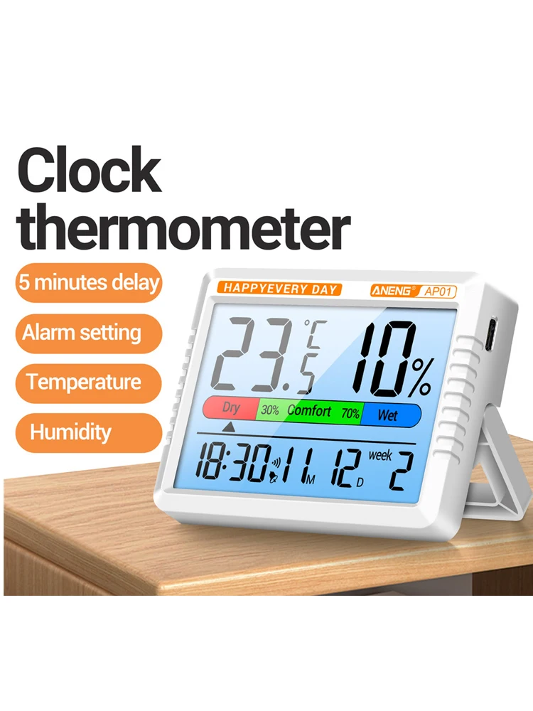 High-Precision AP01 Digital Air Thermometer Hygrometer  Electronic Clock Multiscene High Definition Screen Thermohygrometer