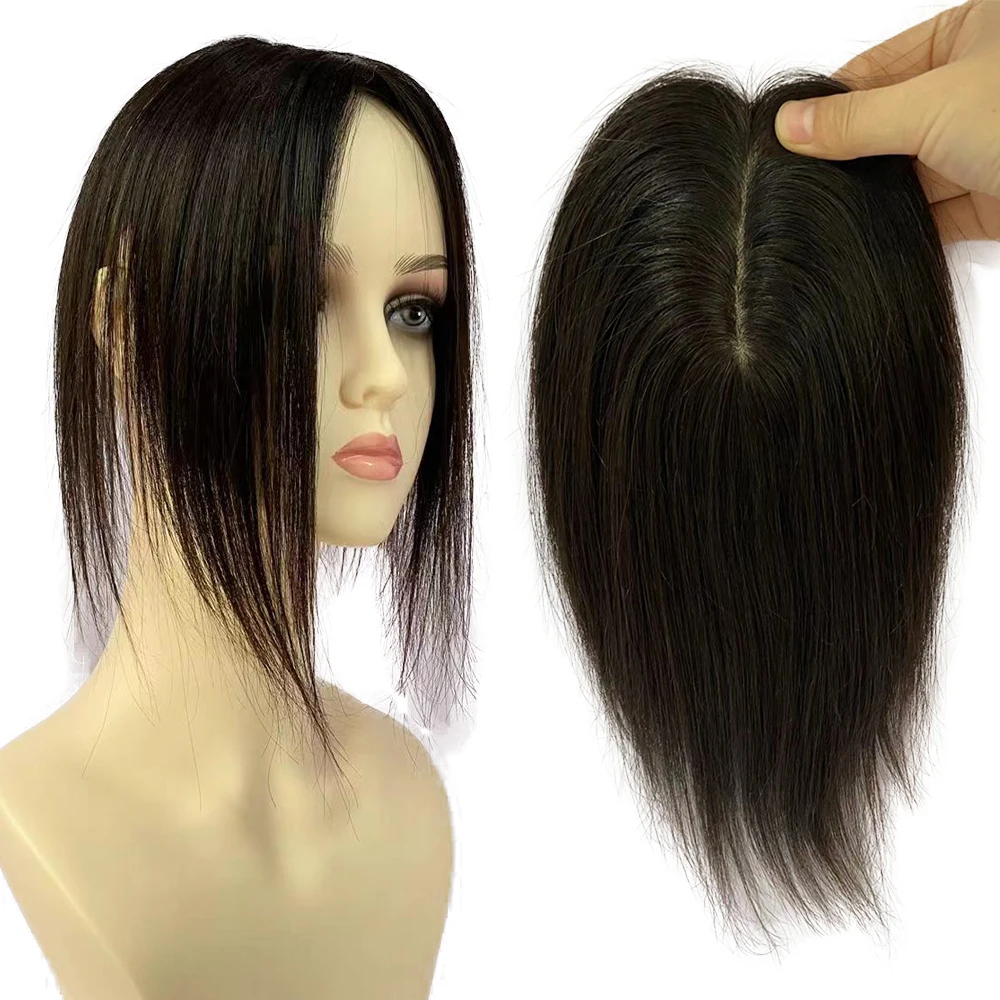 

10inch Brazilian Virgin Human Hair Women Topper 9X14cm PU Skin Base Toupee with 3 Clips Natural Scalp Top 25CM 4D Fringe Bangs