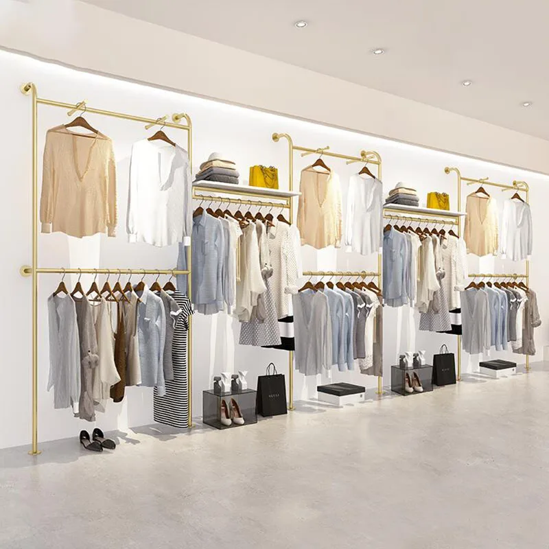 Women's clothing shelf, pajama store hanging hanger display rack, gold double-layer hanging clothes rack, wall clothing store di