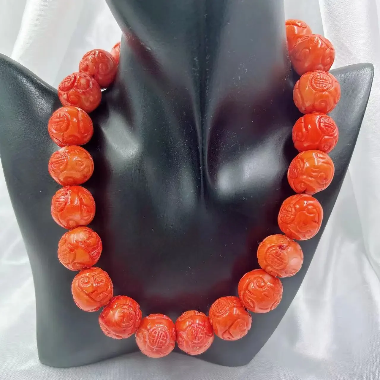 

20mm Large Orange Vintage Round Natural Sea Bamboo Coral Carved Women Jewelry Short Collar Necklace 17-20inch