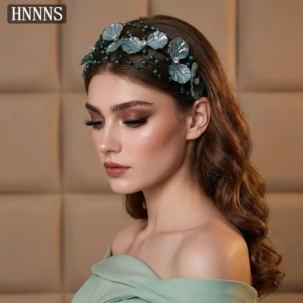 HNNNS Vintage Green Color Wide Hair Hoop Headwear Bride Wedding Pearl Headband Hair Accessories Banquet Party Tiaras NSA187