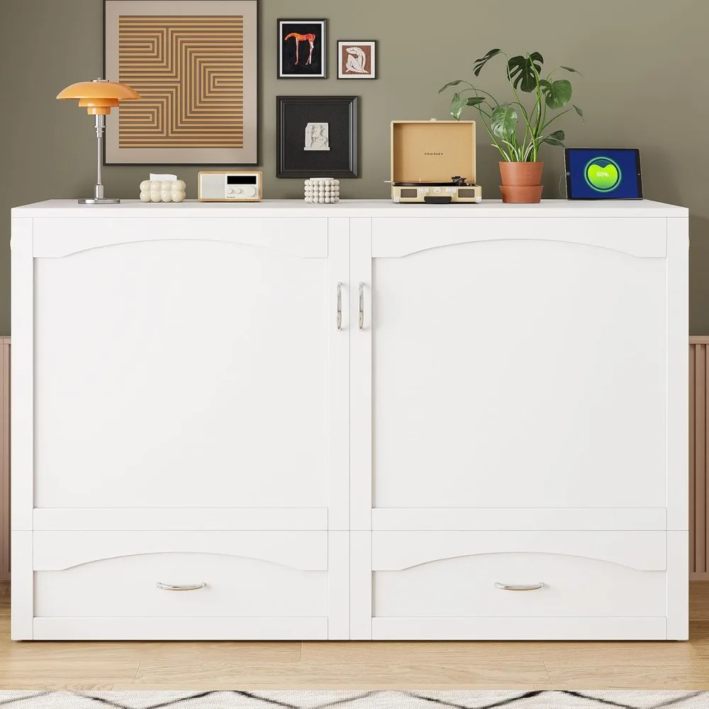 خزانة سرير ميرفي بحجم كوين مع درج تخزين، USB، محطة شحن، سرير مورفي خشبي F