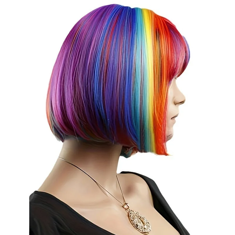 Femme sept couleurs BOB fête Cosplay vêtements chapeaux Air frange cheveux courts raides Halloween habiller étudiant tête perruque couverture