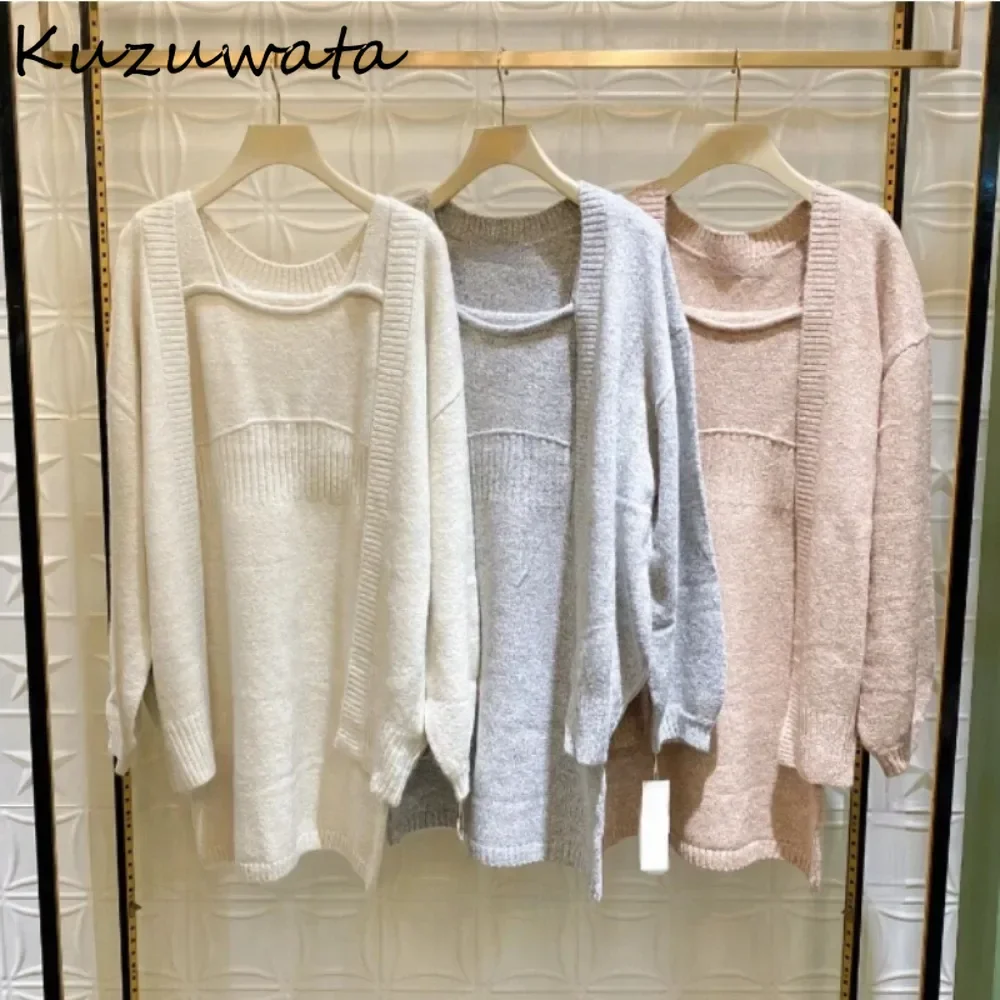 Kuzuwata New Elegant Long Sleeve Set Cardigan Sling Strapless Patchwork Slim Fit Robe Japanese Knit Moda French Style Suit Dress