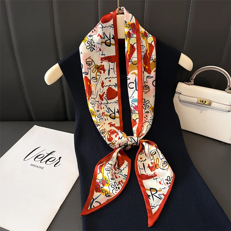 

Новинка 2025, роскошный модный шелковый шарф с принтом, новая повязка на голову, шейный платок, платок, повязка для волос, хиджаб, узкая лента для женщин, шарфы для волос