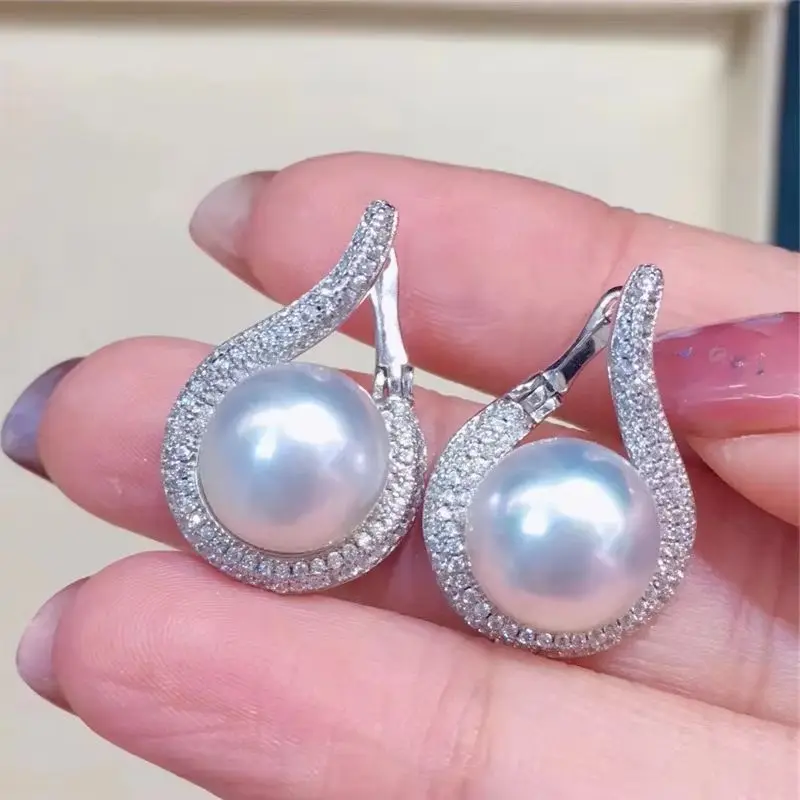 AAAA 9-10mm 10-11mm 11-12mm 12-13mm 13-14mm Japan akoya round Pearl Earrings 925s Copper gold-plated sparkling T-shaped zircon