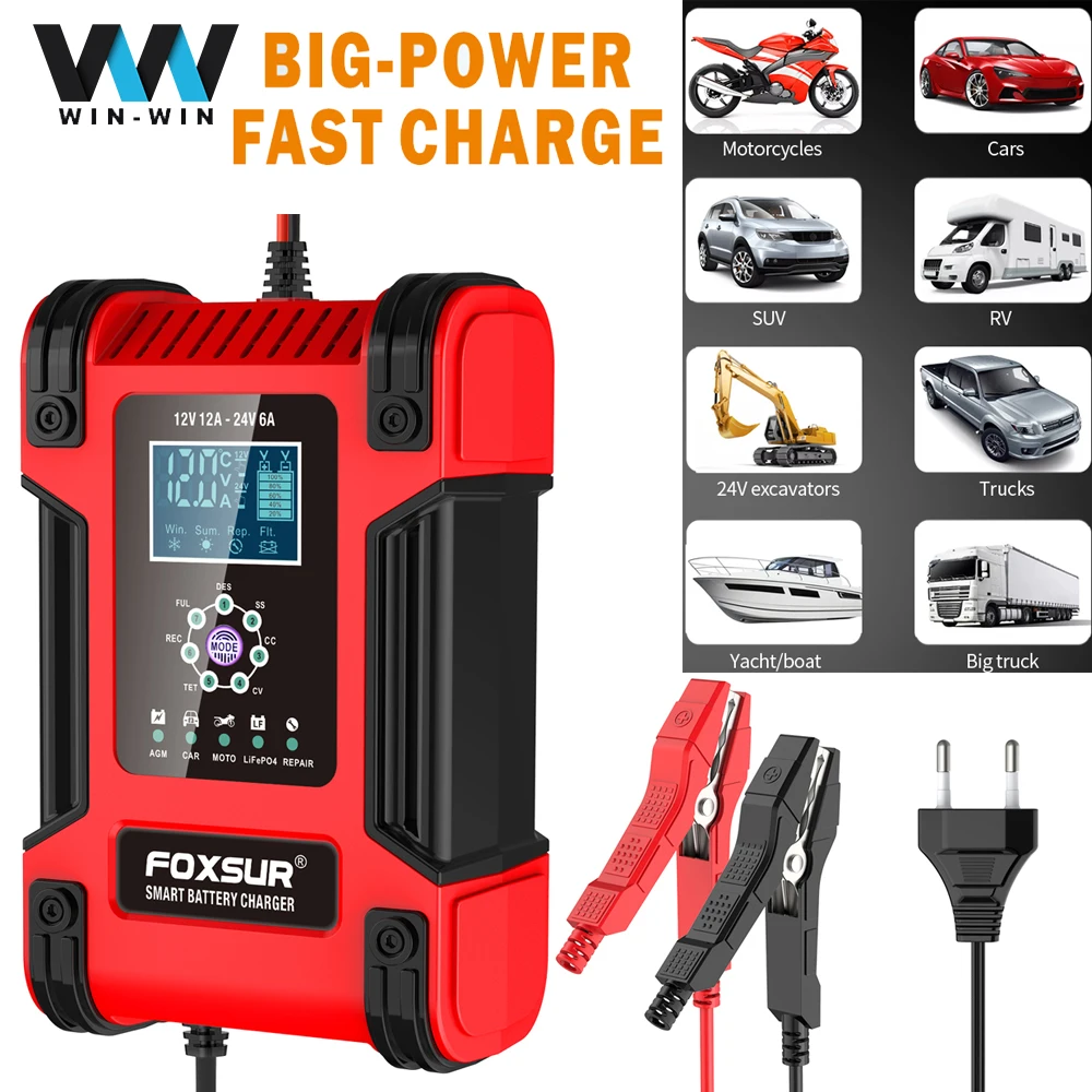 Smart Car Battery Charger 12V 24V LCD Display Motorcycle 7 Stage Automatic Charger AGM Deep Cycle GEL Wet Dry Lead-Acid Charger