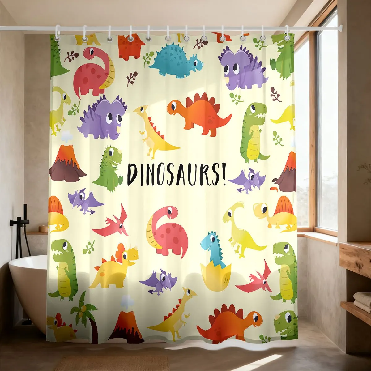 Kids Cartoon Dinosaur Shower Curtain Polyester Digital Printing Colorful Various Cute Dinosaurs, Volcano And Palm Plants