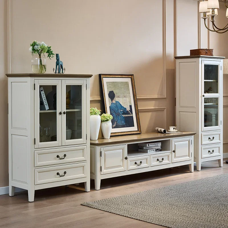 Solid wood locker glass wine cabinet combination living room partition cabinet pastoral white dining side cabinet